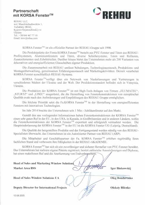 oficjalny certyfikat potwierdzający status autoryzowanego partnera niemieckiego koncernu REHAU od 1998 roku