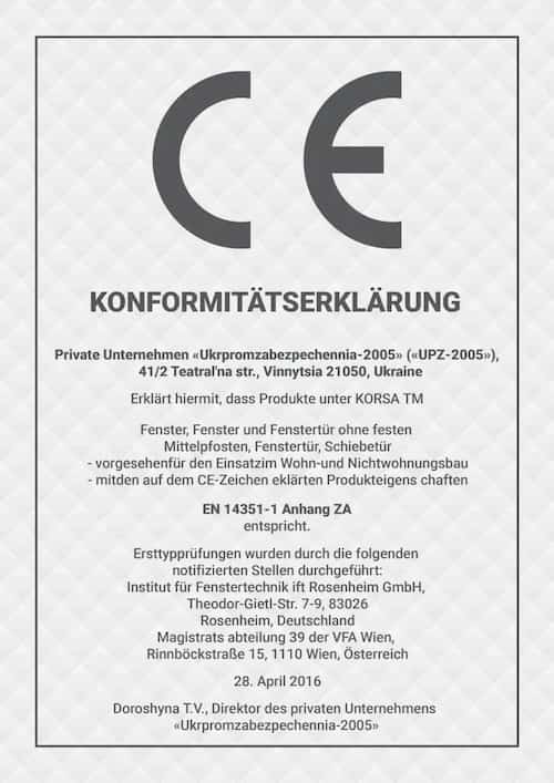 europejska deklaracja zgodności CE (Konformit&auml;tserkl&auml;rung), potwierdzająca pomyślne testy konstrukcji okiennych w instytucie ift Rosenheim