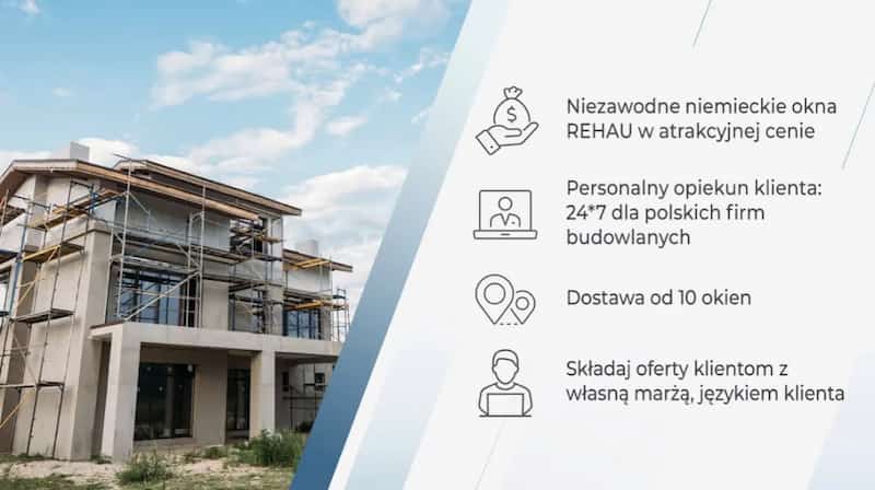 infografika z zaletami dla deweloper&oacute;w: okna REHAU, opiekun 24/7, dostawa i narzędzia online do kalkulacji