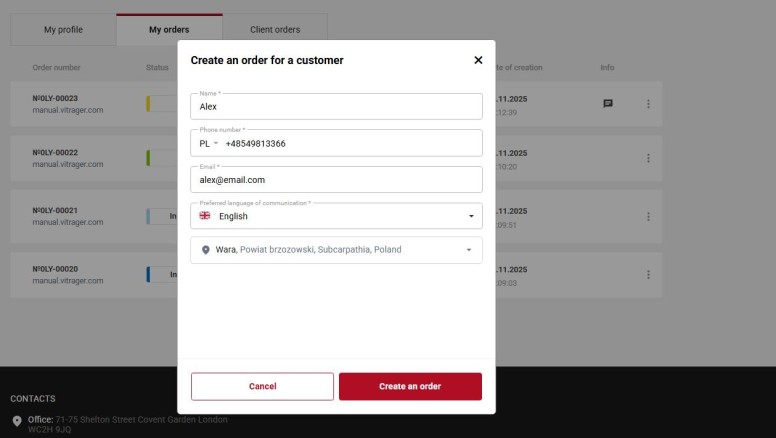Create an order for my customer