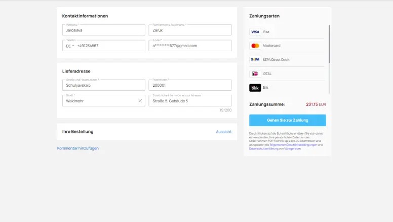 Berechnung der Türkosten - Auftragsbestätigung