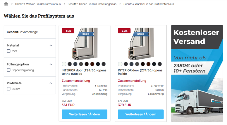 Türpreisberechnung - Auswahl eines Profilsystems