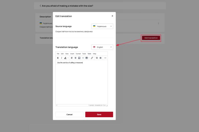 Modal window for adding a translation